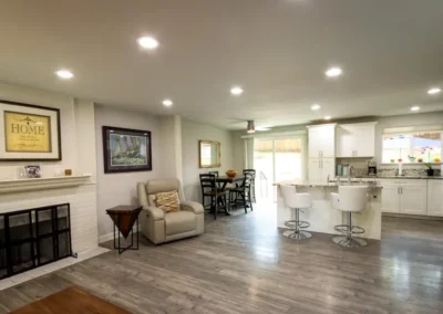 Renovated living room and kitchen on the upper floor.